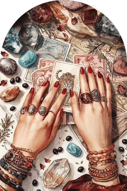 Mãos de cartomante com cartas de tarot, cristais e pedras místicas